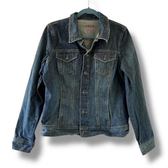 Y2K IZOD Blue Jean Trucker Denim Jacket Women's Size Large Classic Fall School - Picture 1 of 14